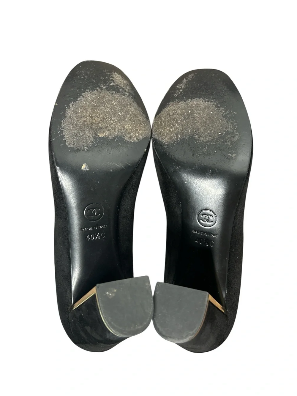 CHANEL Black Suede Cap Toe Pumps Heels CC Logo Gold Trim Size 40.5C Luxury